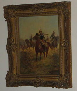 Paul Emile Leon Perboyre fr. 1851-1929 Oil on Canva: "a Calvary Skirmish," turn-of-the-century Prussian mounted cavalrymen by Perboyre. Viewer sees a soldier raising and pointing his rifle towards the right. There are four other cavalrymen behind him, w