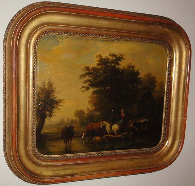 Joseph Vernet dit Lauzet (1797-1860) Fr. Oil on Pan: French pastoral landscape attributed to Joseph Vernet dit Lauzet (1797-1860) . View of a shepherd and shepherdess, he is mounted on a horse, she is on an animal with a burden basket. They are standing