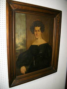 19th C American Oil on Canvas Portrait: American Portrait of Jane Fowler, wife of John Besson, circa 1833 in a period American stencil decorated frame. View of a elegant woman with dark curled hair, dressed in a black off-the-shoulder Empir