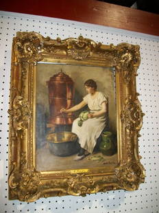 Franck Bail Oil on Panel: French Genre' painting by Franck Bail Circa 1900. The Viewer sees a young girl seated with a Cabbage and Knife in her hand, pouring water from a copper cistern into a brass boiler. There is a large