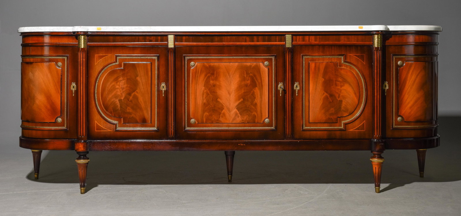 French Louis XVI Style White Marble Top Mahogany Sideboard / Enfilade: French Louis XVI Style White Marble Top Mahogany Sideboard / Enfilade