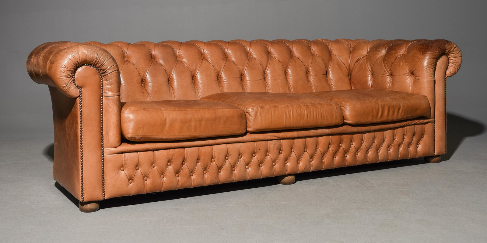 British Tan Leather Button Tufted 3 Seater Chesterfield Sofa (1 of 7)