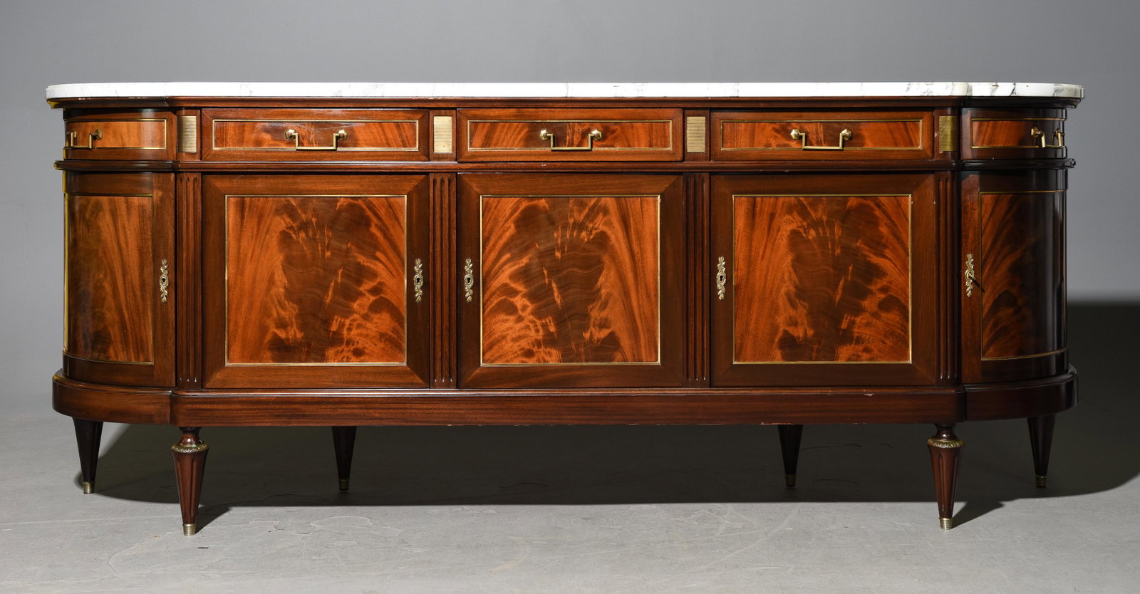French Louis XVI Style White Marble Top Mahogany Sideboard / Enfilade: French Louis XVI Style White Marble Top Mahogany Sideboard / Enfilade