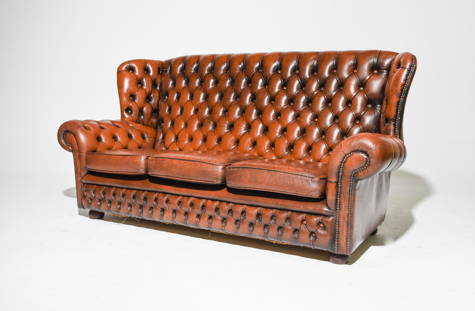 British Brown Leather High Back Button Tufted Chesterfield 3 Seater Sofa - Seat height is 18 inches (1 of 4)