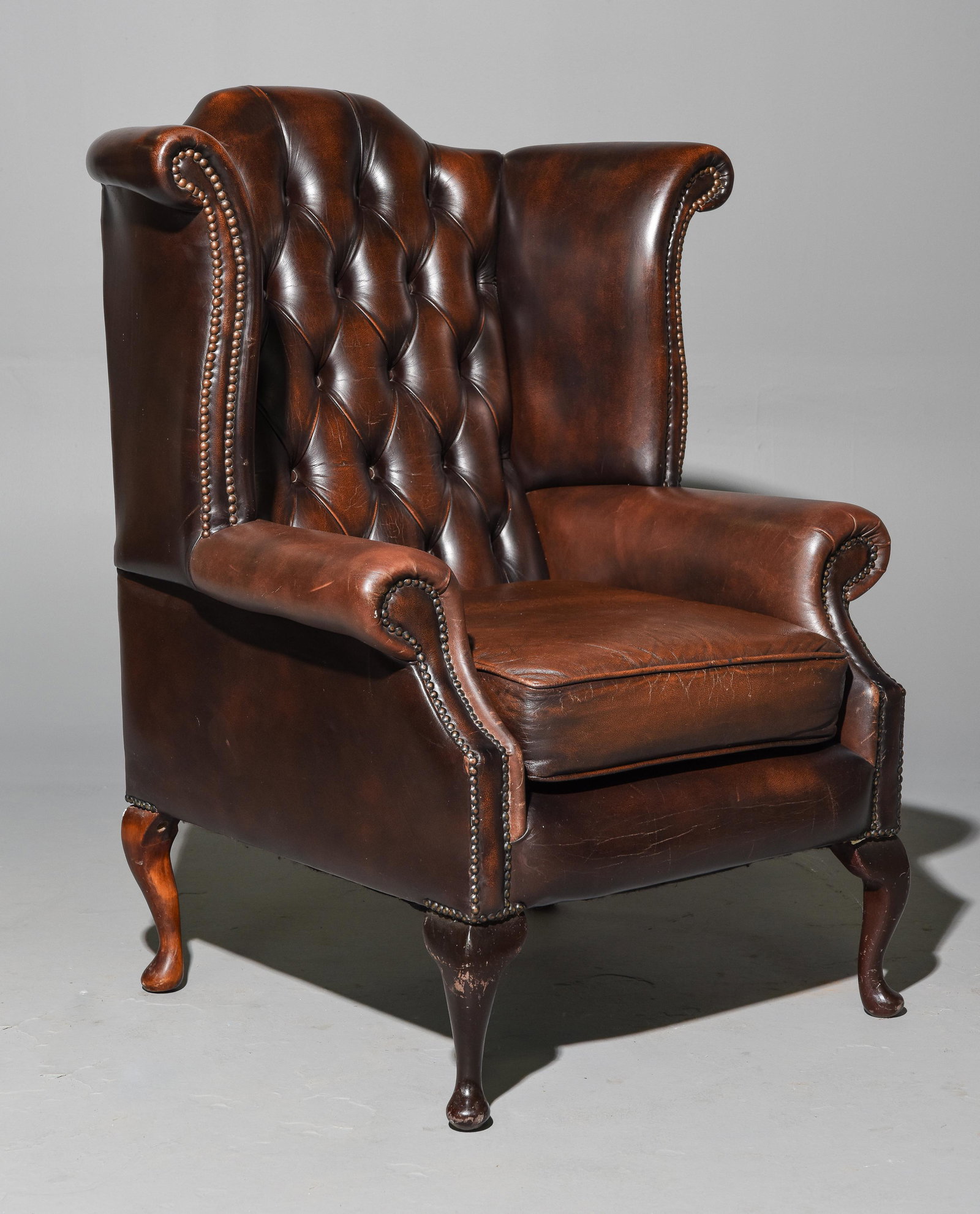 British Brown Leather Button Tufted Chesterfield Wing Back Arm Chair - Seat height is 18 inches (1 of 5)