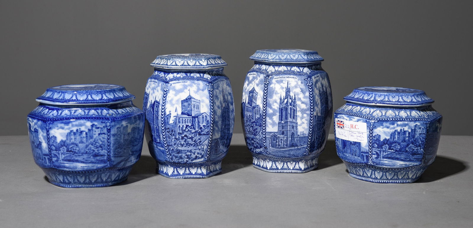 4 Flo Blue English Pictural Canisters: 4 Flo Blue English Pictural Canisters / Jars