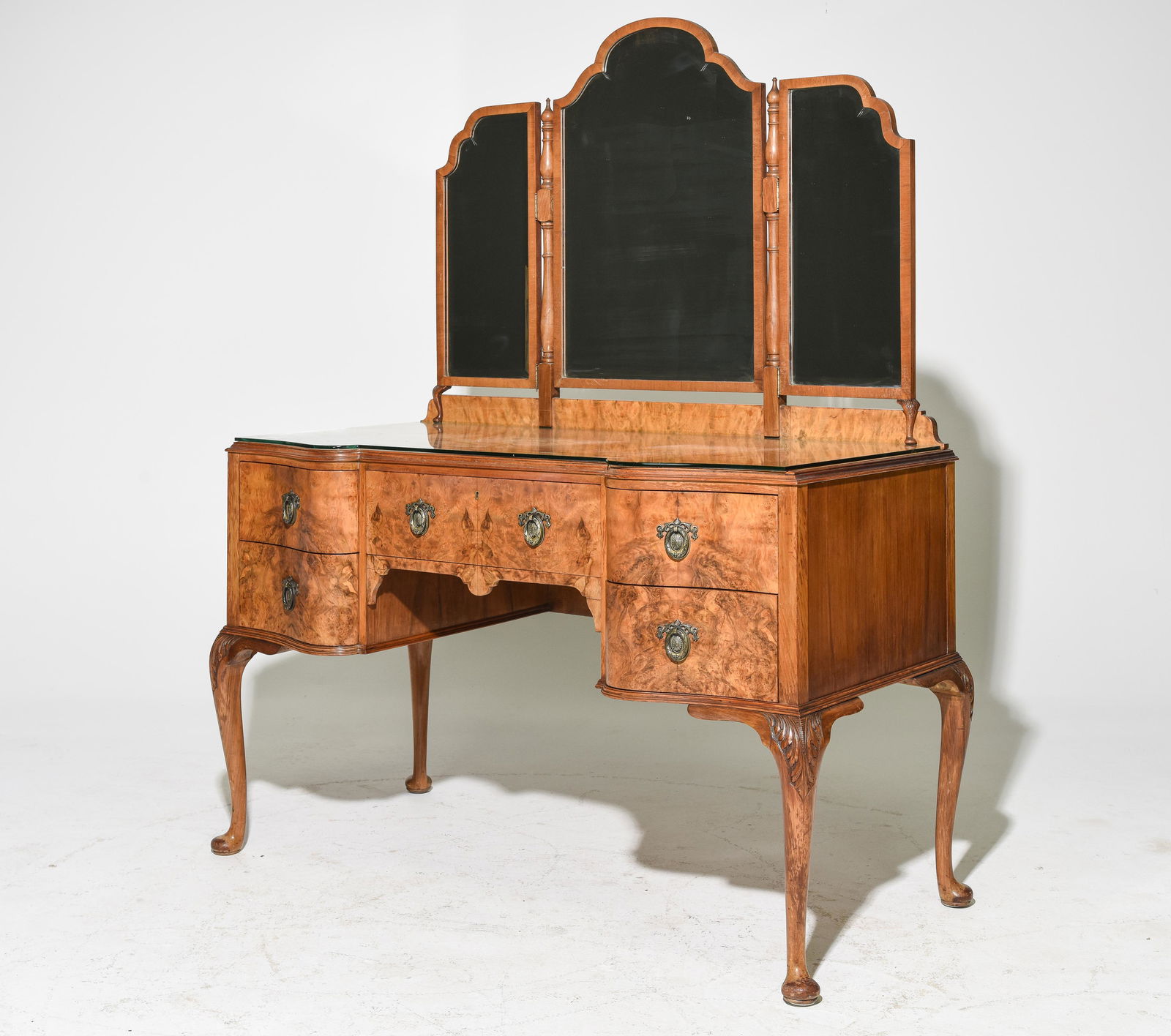 English Burled Walnut Triple Mirror Dresser (1 of 5)