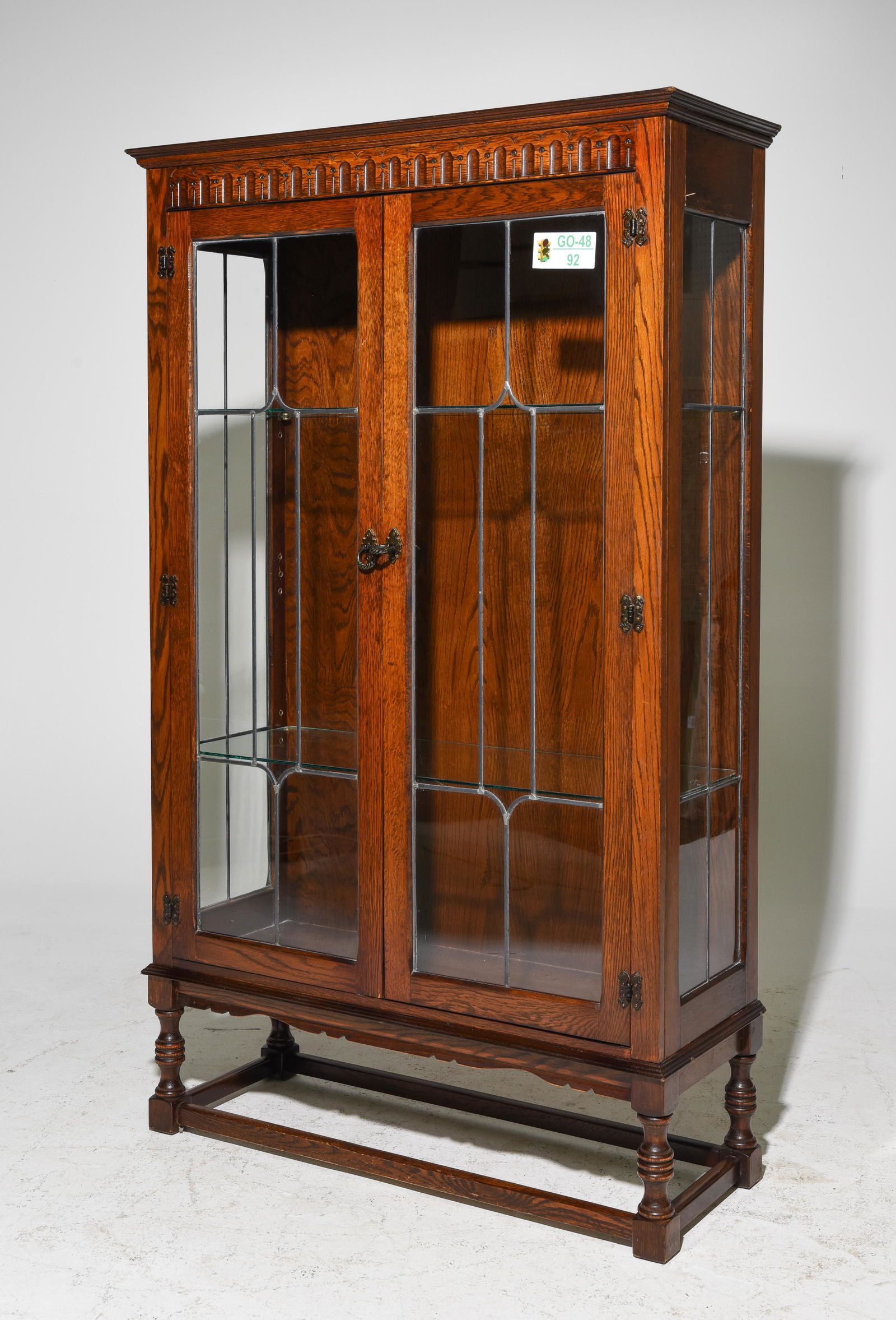 British Oak Double Door Leaded Glass Display Cabinet (1 of 3)