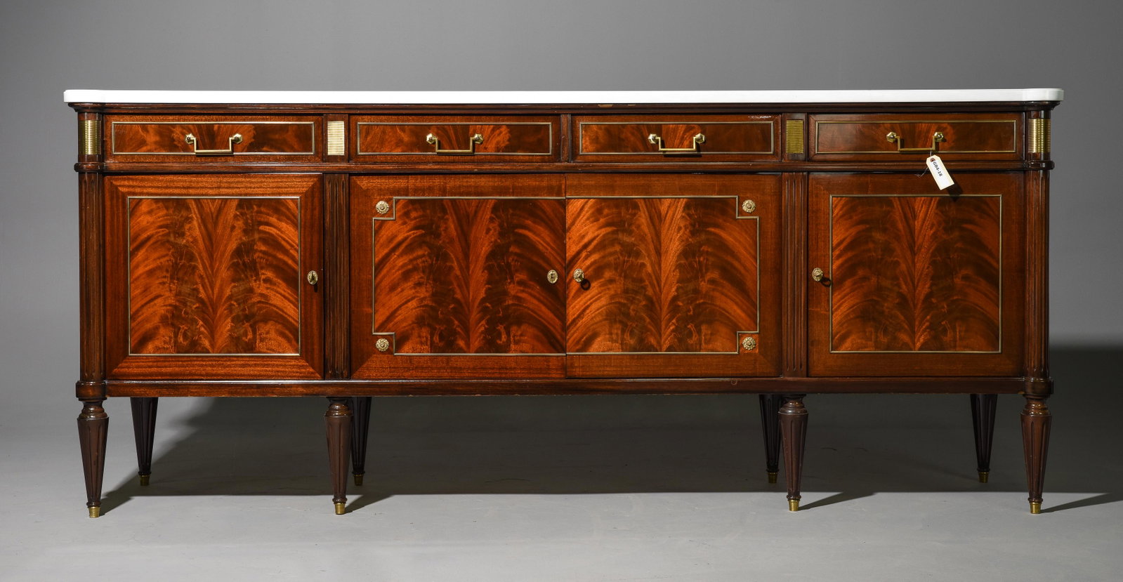 Louis XVI Style White Marble Top Sideboard: French Louis XVI Style White Marble Top Mahogany Sideboard / Enfilade c.1950's-70's