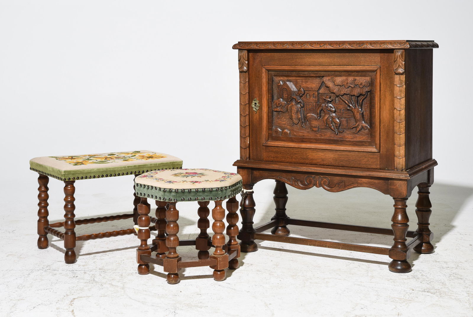 Belgian Oak Occasional Cabinet & 2 Stools (1 of 4)