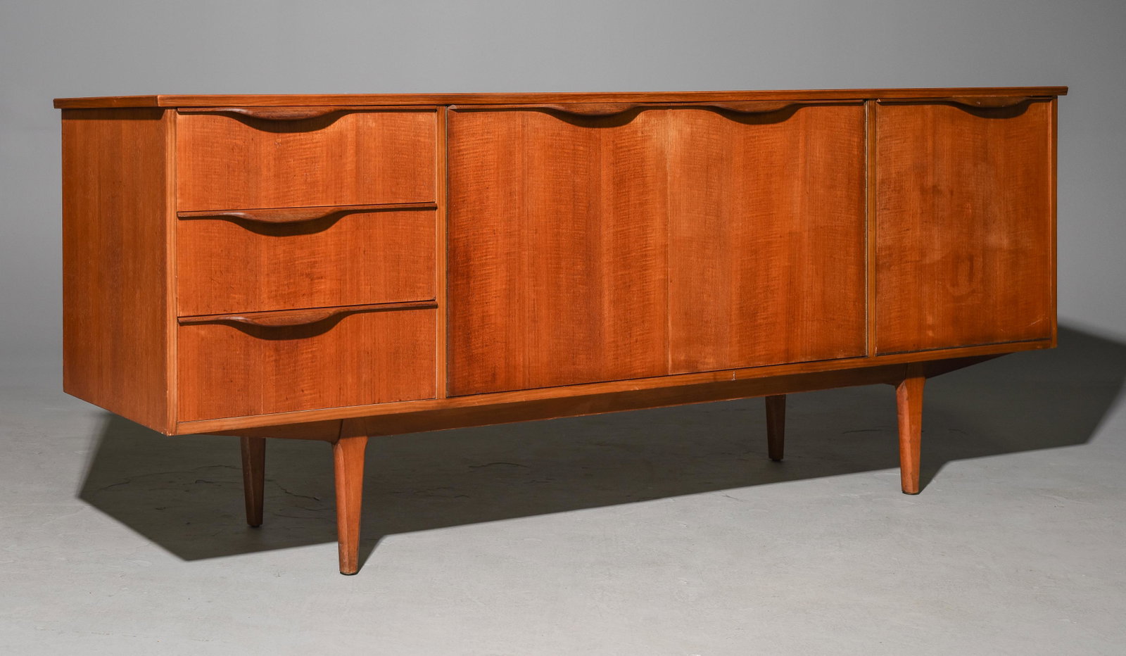 Mid Century Modern Teak Sideboard with Folded Handles: Danish Modern Style Teak Sideboard with Folded Handles