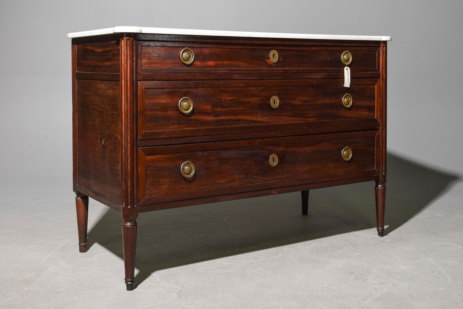 Louis XVI Style White Marble Top Commode: French Louis XVI Style White Marble Top Mahogany Commode / Chest