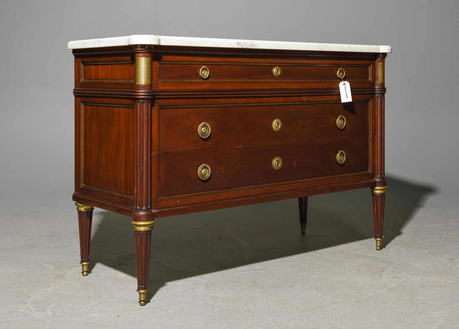Louis XVI Style White Marble Top Chest #1: French Louis XVI Style White Marble Top Mahogany Chest / Commode with Brass Fittings