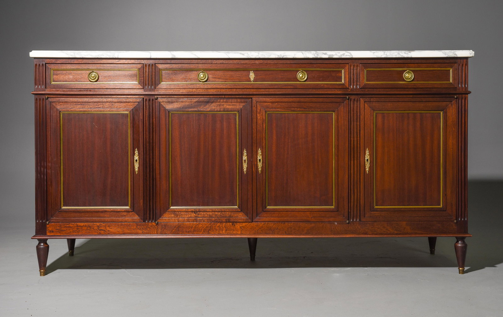 Louis XVI Style White Marble Top Sideboard: French Louis XVI Style White Marble Top Sideboard / Enfilade