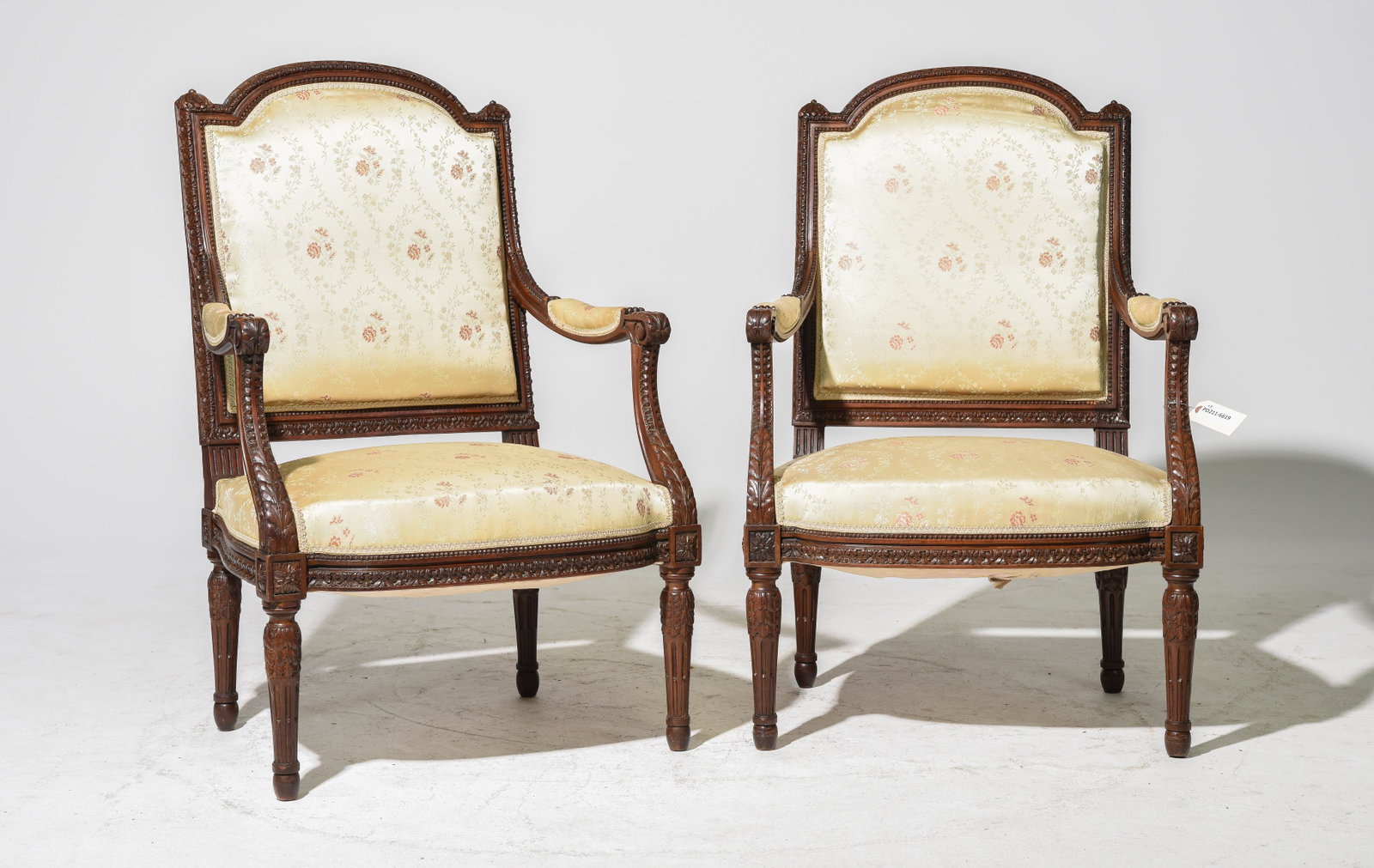 2 Louis XVI Style Walnut Arm Chairs: 2 French Louis XVI Style Walnut Arm Chairs - Seat height is 16 inches