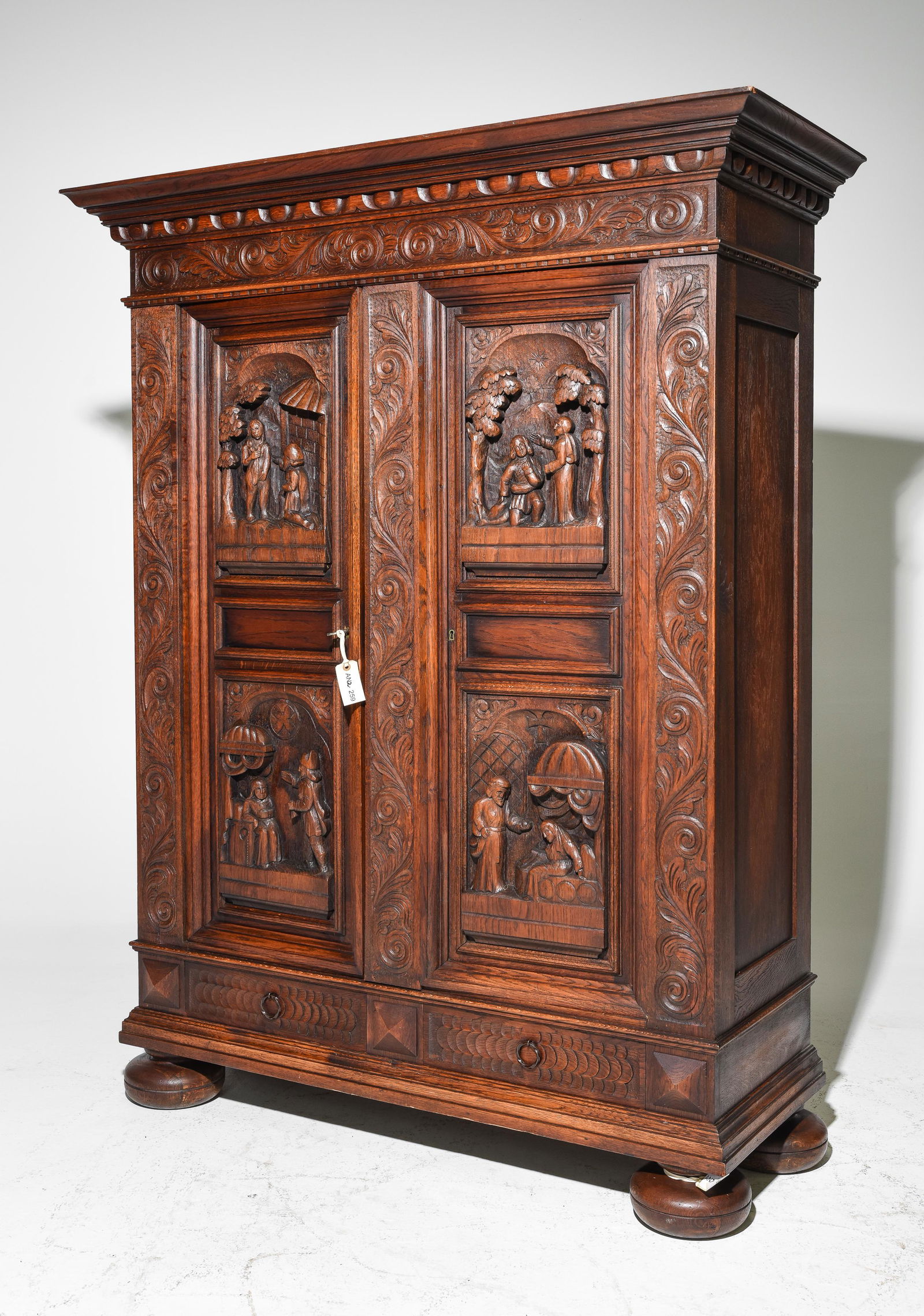 Belgian Carved Oak Cupboard with Figural Relief (1 of 7)