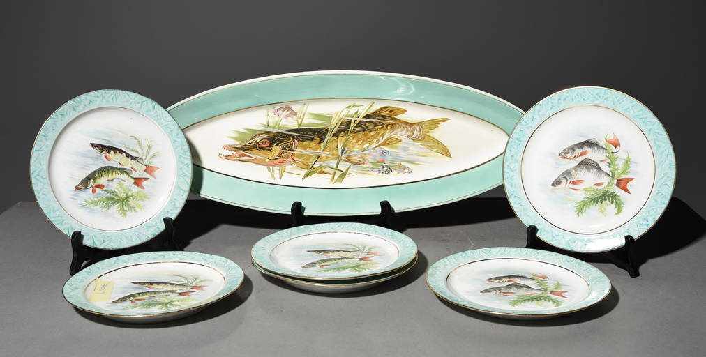 7pc French Fish Plate Set Platter & 6 Plates