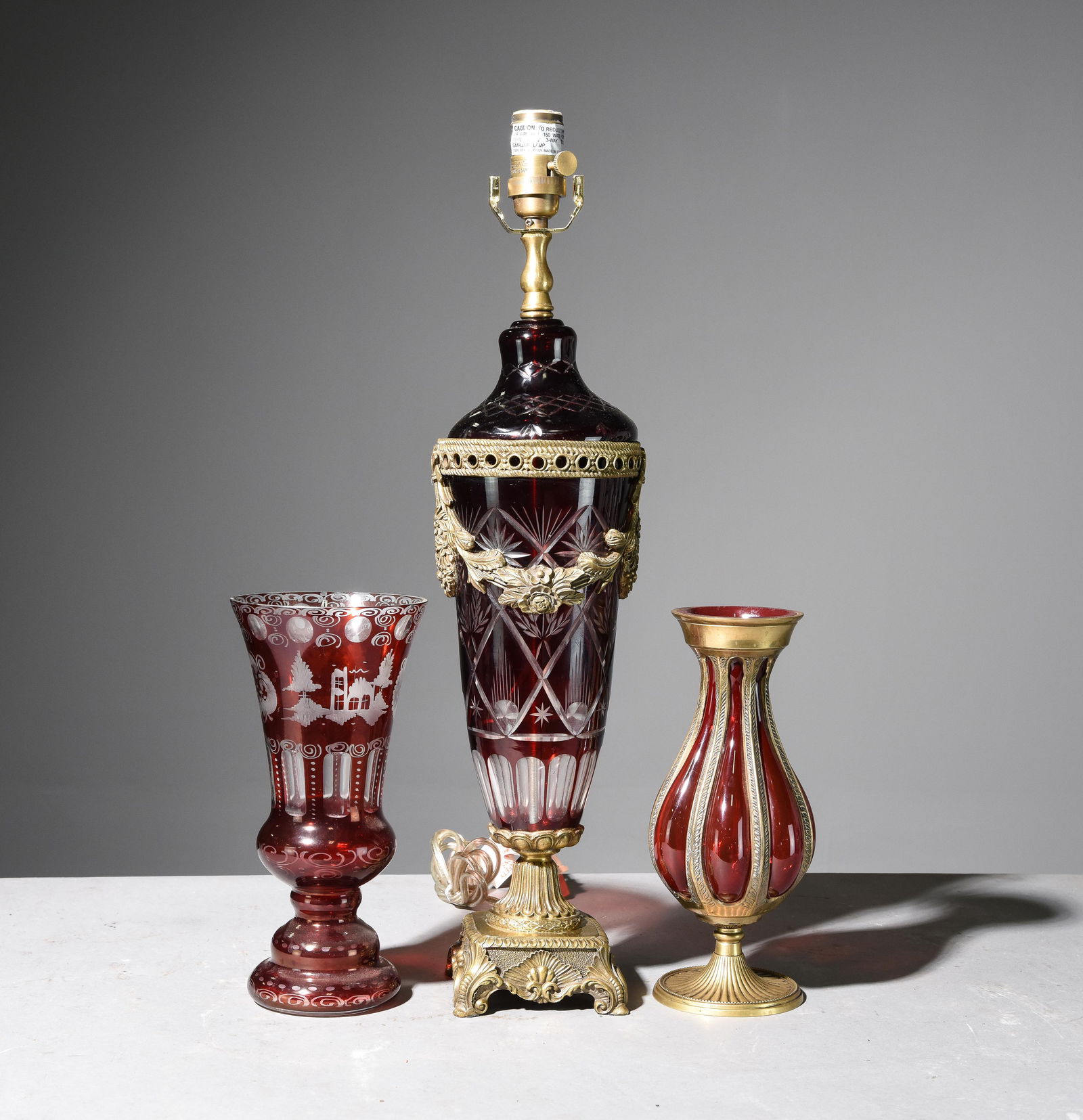 Ruby Cut Clear Bronze Mounted Lamp & 2 Vases (1 of 2)