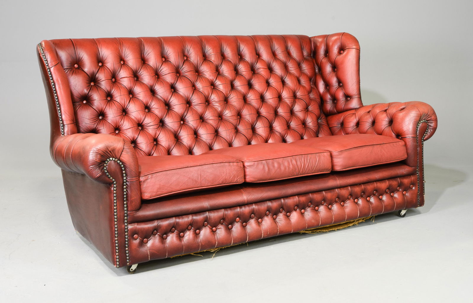 British Red Leather High Back Chesterfield Sofa (1 of 4)