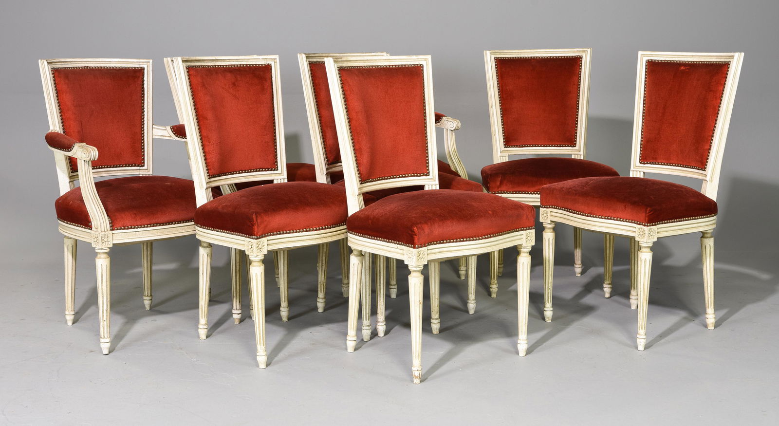 8 Louis XVI Style Painted Dining Chairs: 8 French Louis XVI Style Painted Dining Chairs - Seat height is 18 inches - Side chairs are 36 in tall x 19 x 19