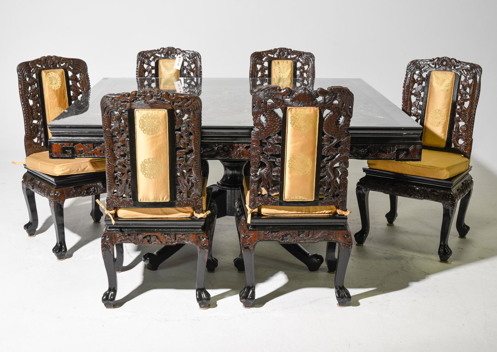 Hand Carved Asian Glass Top Table & 6 Chairs (1 of 9)