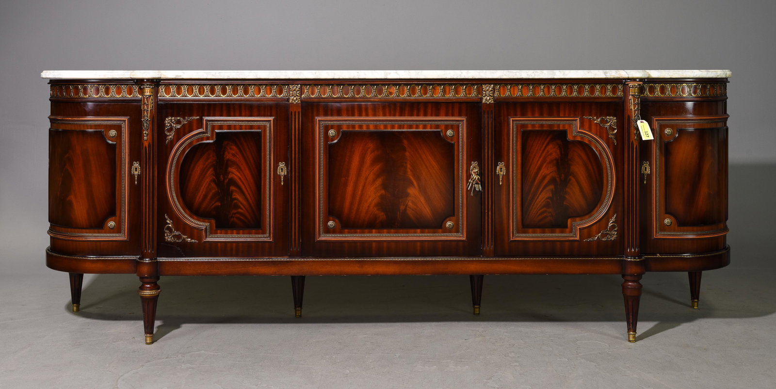 Louis XVI Style White Marble Top Sideboard: French Louis XVI Style White Marble Top Mahogany Sideboard / Enfilade - 39 in tall x 104 x 23