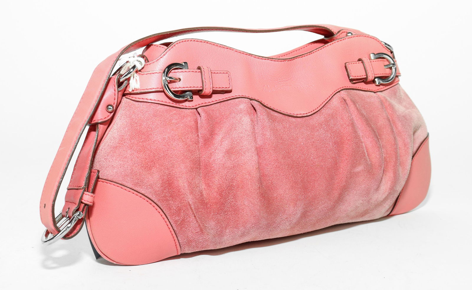 Ferragamo Gancini Hobo in Pink Suede Leather: Genuine Pre-Owned Ferragamo Gancini Hobo in Pink Suede Leather in A condition. Date Code is AB-21-5839 . Measurement: 34*19*1cm. This lot includes a certificate of authenticity.