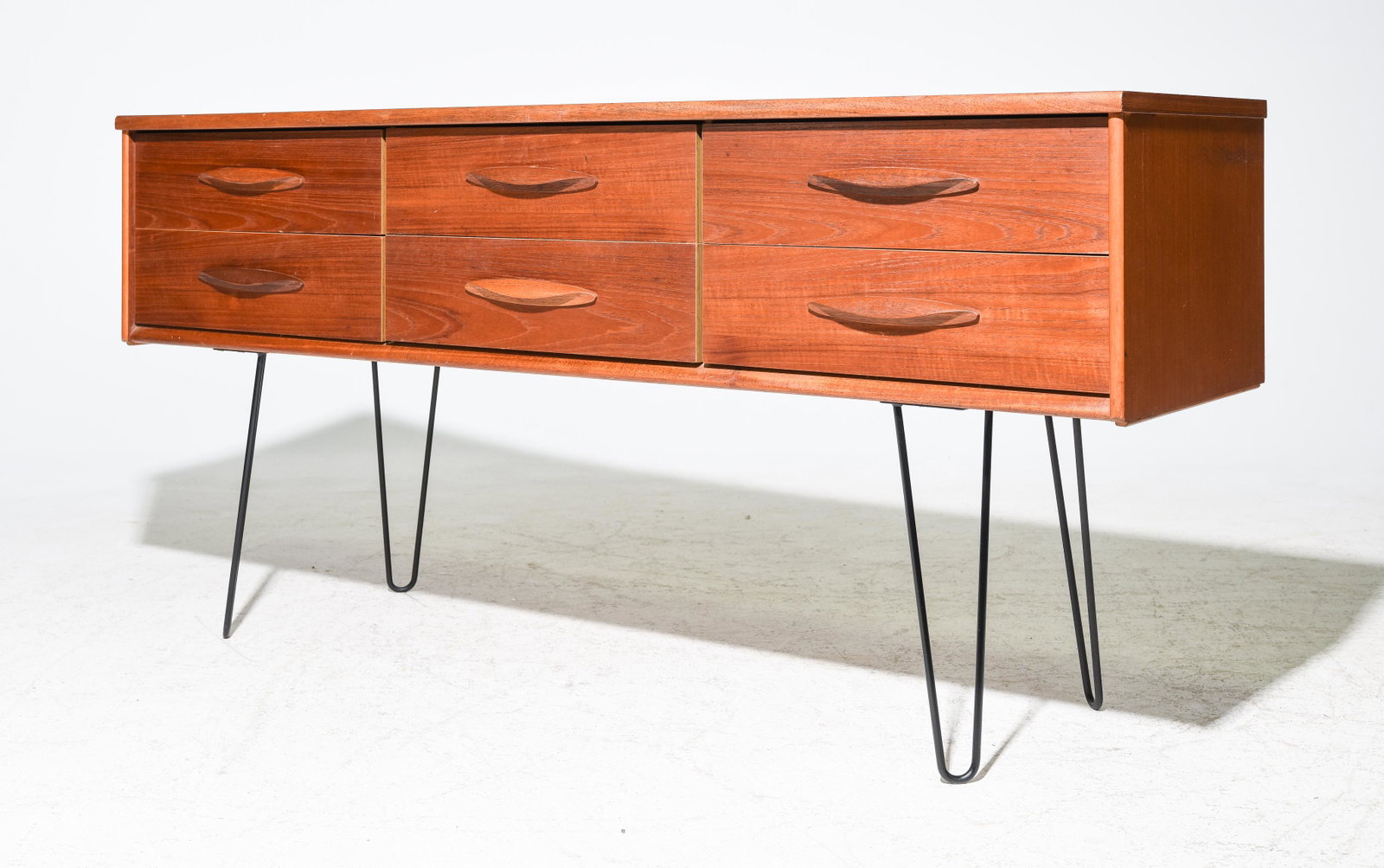 Mid Century Modern 6 Drawer Credenza: Danish Modern Style Teak 6 Drawer Credenza / Chest on Hair Pin Legs - 29 in tall x 61 x 17