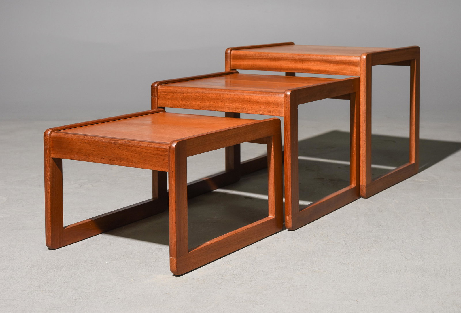 Mid Century Modern Nest of 3 Tables: Danish Modern Style Teak Nest of 3 Tables - 17 in tall x 20 x 17