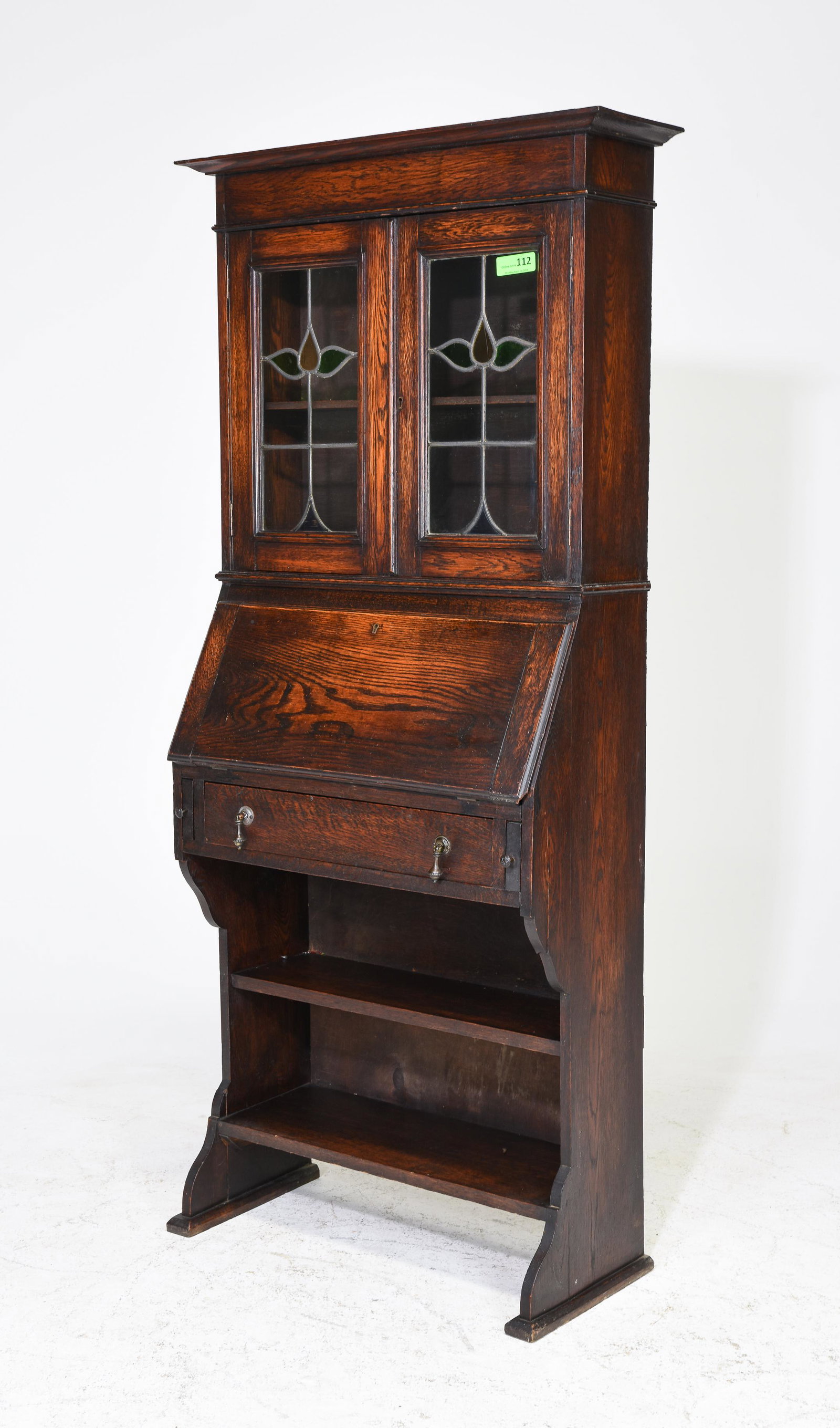 Jacobean Oak Narrow Leaded Glass Secretary Bookcase (1 of 5)