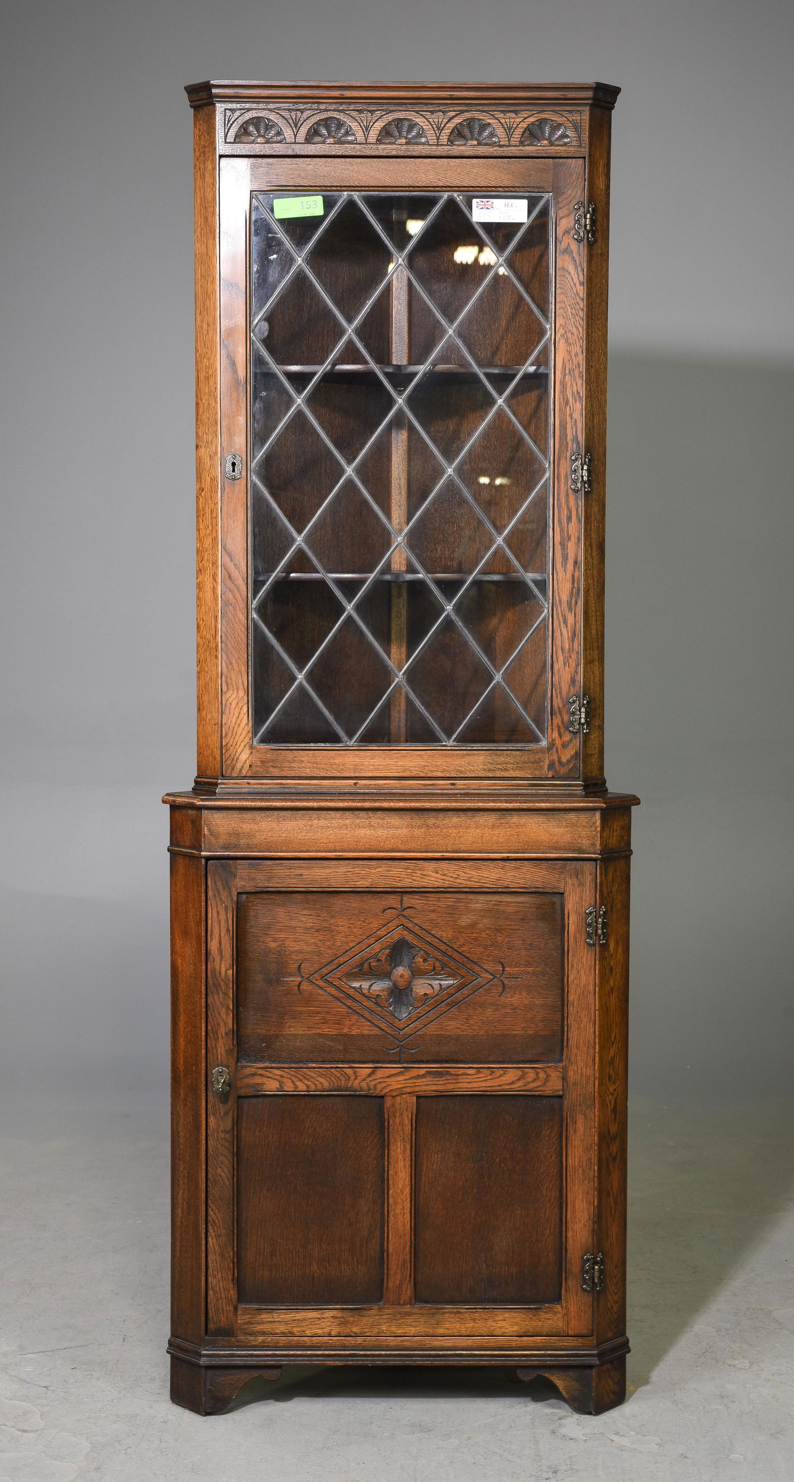 British Oak Leaded Glass Corner Cabinet / Cupboard (1 of 3)