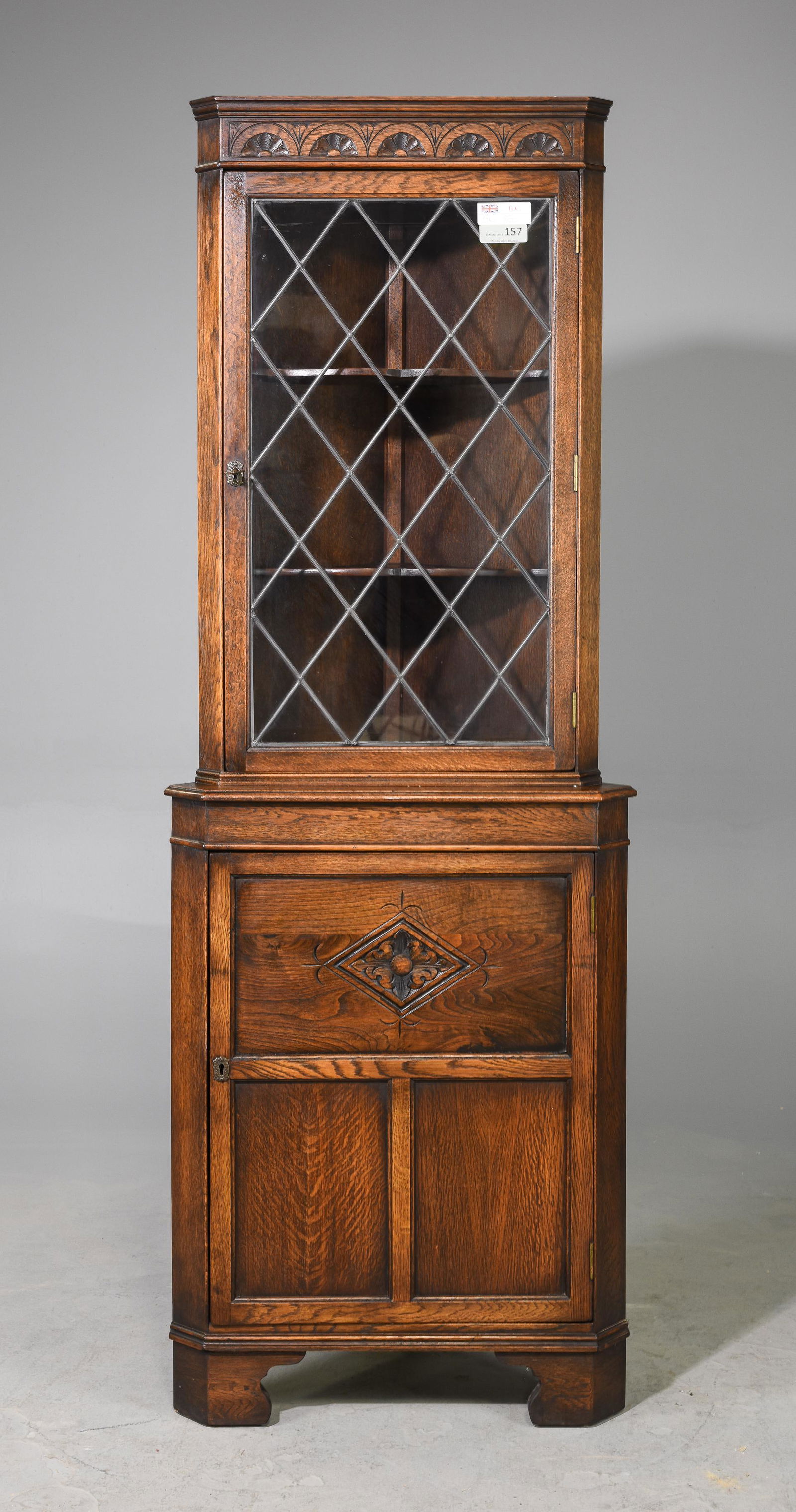 British Oak Leaded Glass Corner / Cupboard