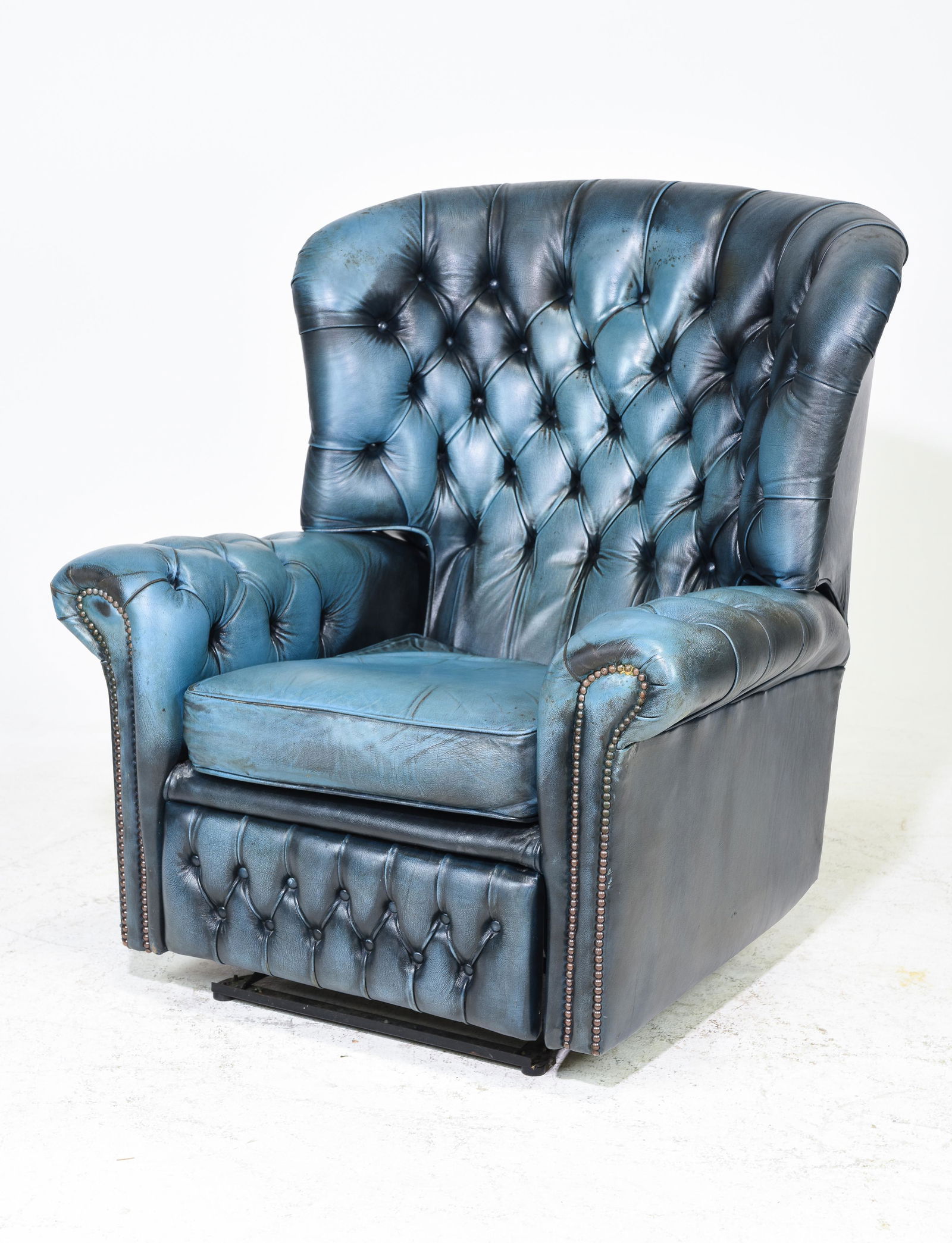 British Blue Leather Chesterfield Wing Back Chair (1 of 4)