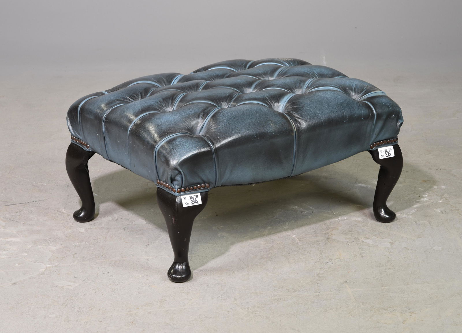 British Blue Leather Chesterfield Stool (1 of 2)