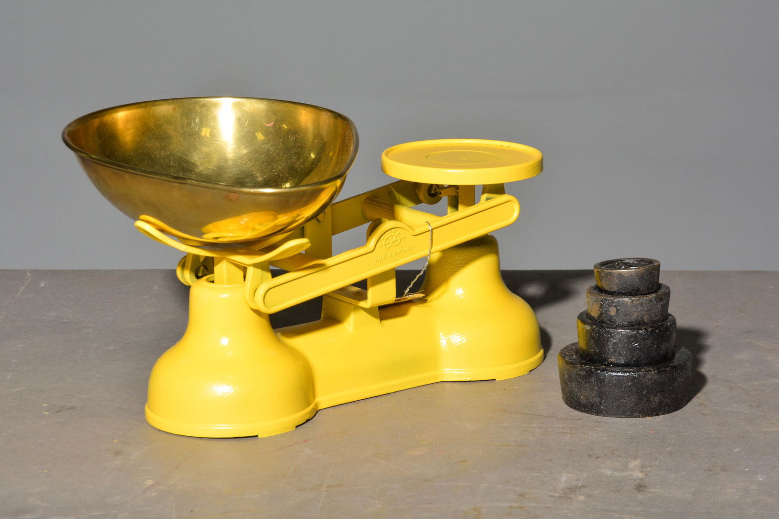 British Yellow Painted Balance Scale with Weights (1 of 3)