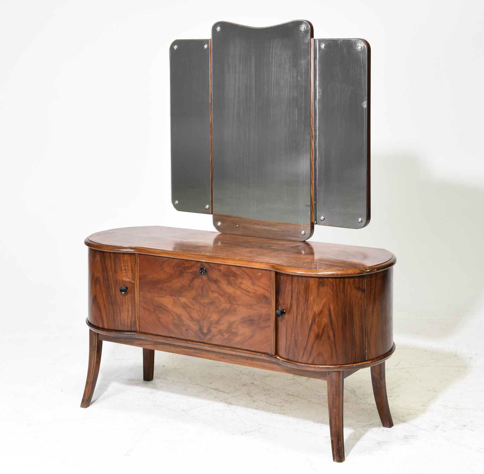 British Walnut Art Deco Style Triple Mirror Dresser (1 of 4)