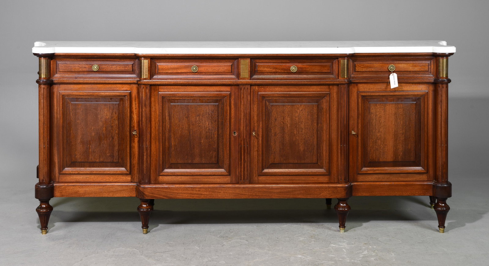 Louis XVI Style White Marble Top Sideboard #1: French Louis XVI Style White Marble Top Mahogany Sideboard / Enfilade c.1950's - 39.5 in tall x 95.5 x 22