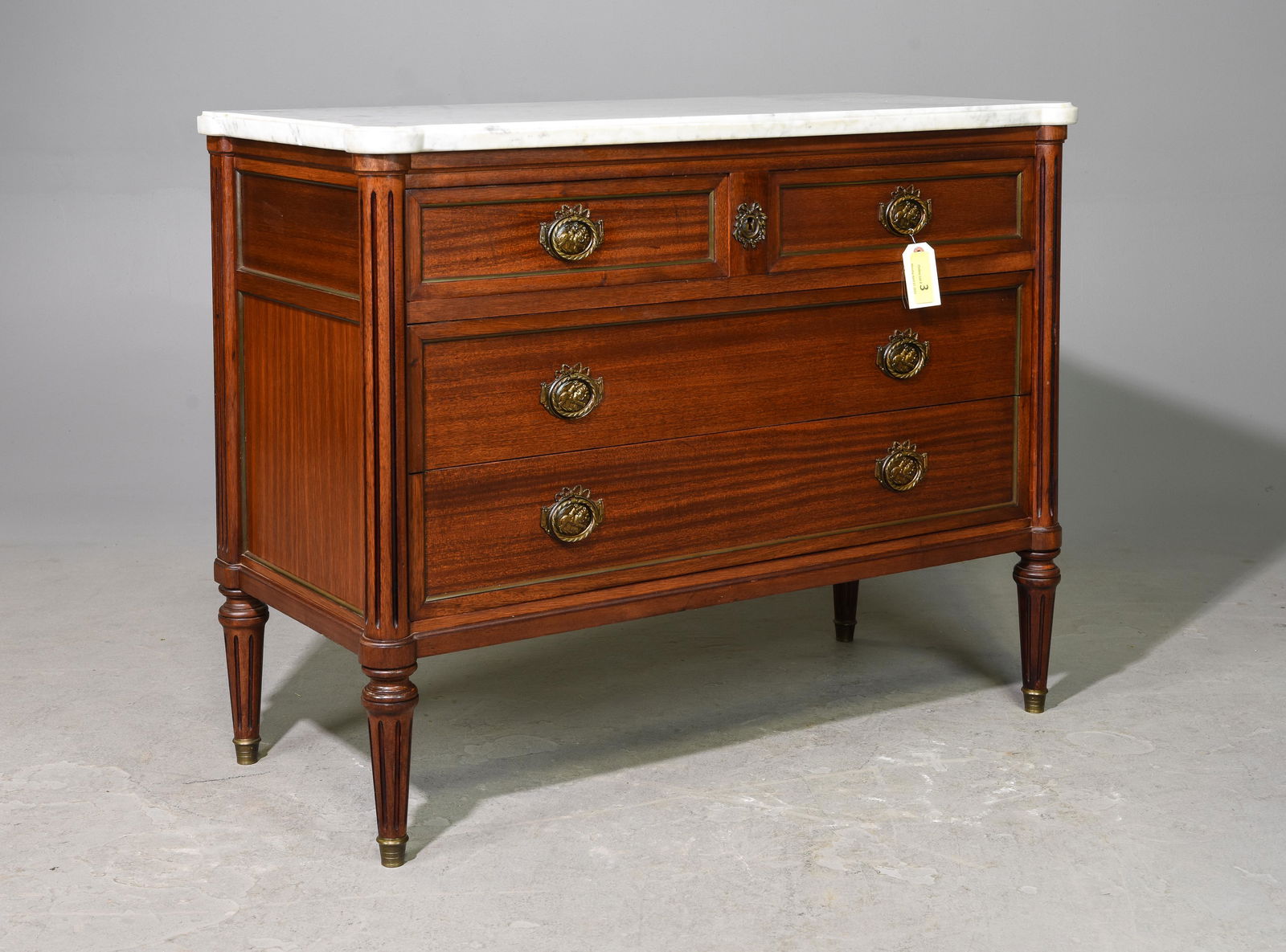 Louis XVI Style White Marble Top Commode #1: French Louis XVI Style White Marble Top Mahogany Commode / Chest c.1950's - 33.5 in tall x 43 x 19