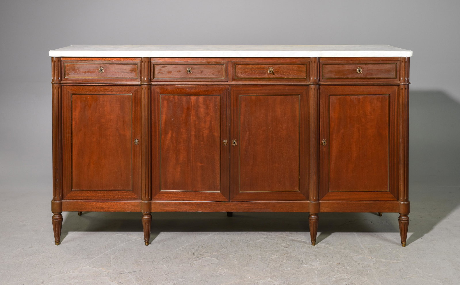 Louis XVI Style White Marble Top Sideboard: French Louis XVI Style White Marble Top Sideboard / Enfilade - 42 in tall x 77 x 21