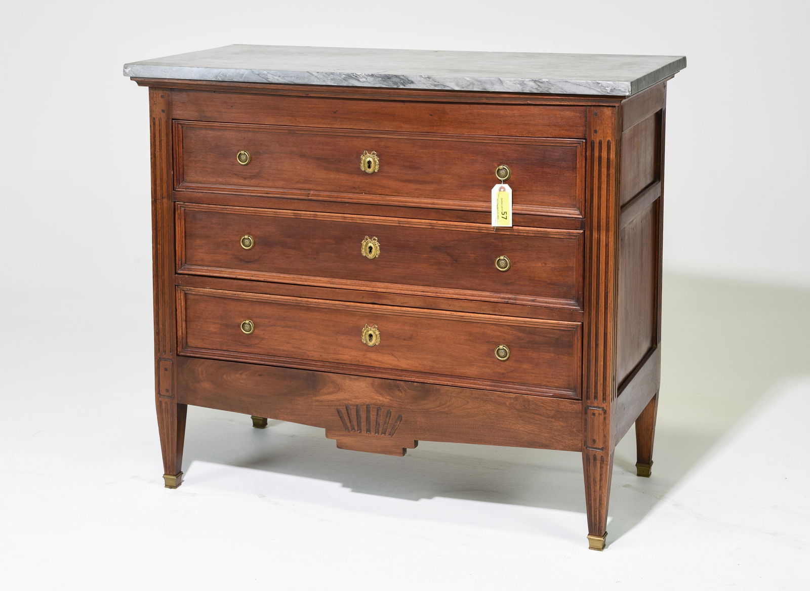 Louis XVI Style Grey Marble Top Chest: French Louis XVI Style Grey Marble Top Mahogany Chest / Commode - 37 in tall x 43 x 20