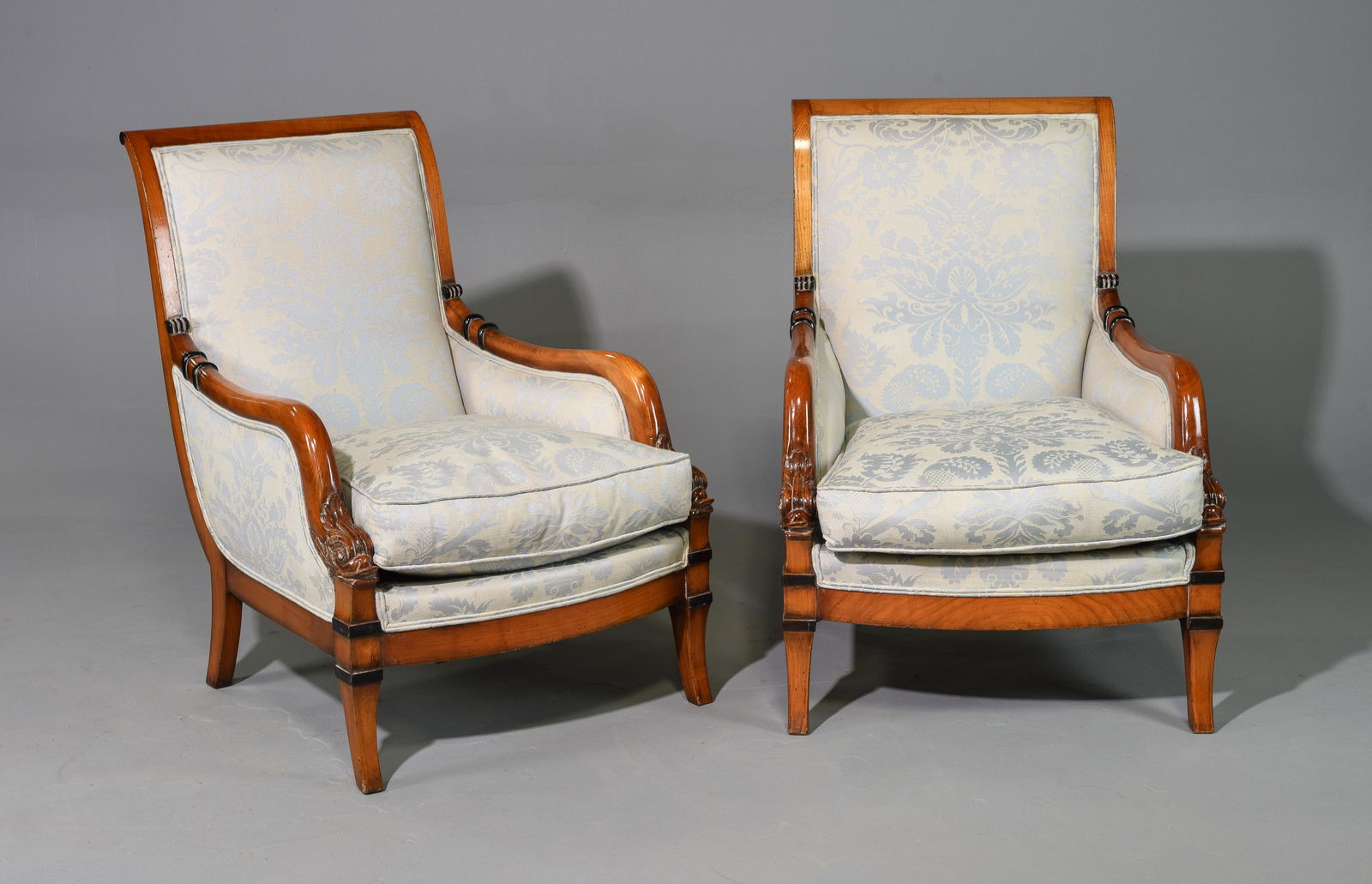 2 French Cherry Blue Upholstered Dolphin Arm Chairs (1 of 4)