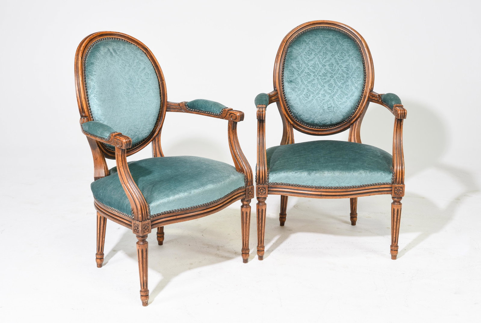 2 Louis XVI Style Blue Upholstered Arm Chairs: 2 French Louis XVI Style Blue Upholstered Arm Chairs - 35 in tall x 23 x 20, Seat height is 16 inches