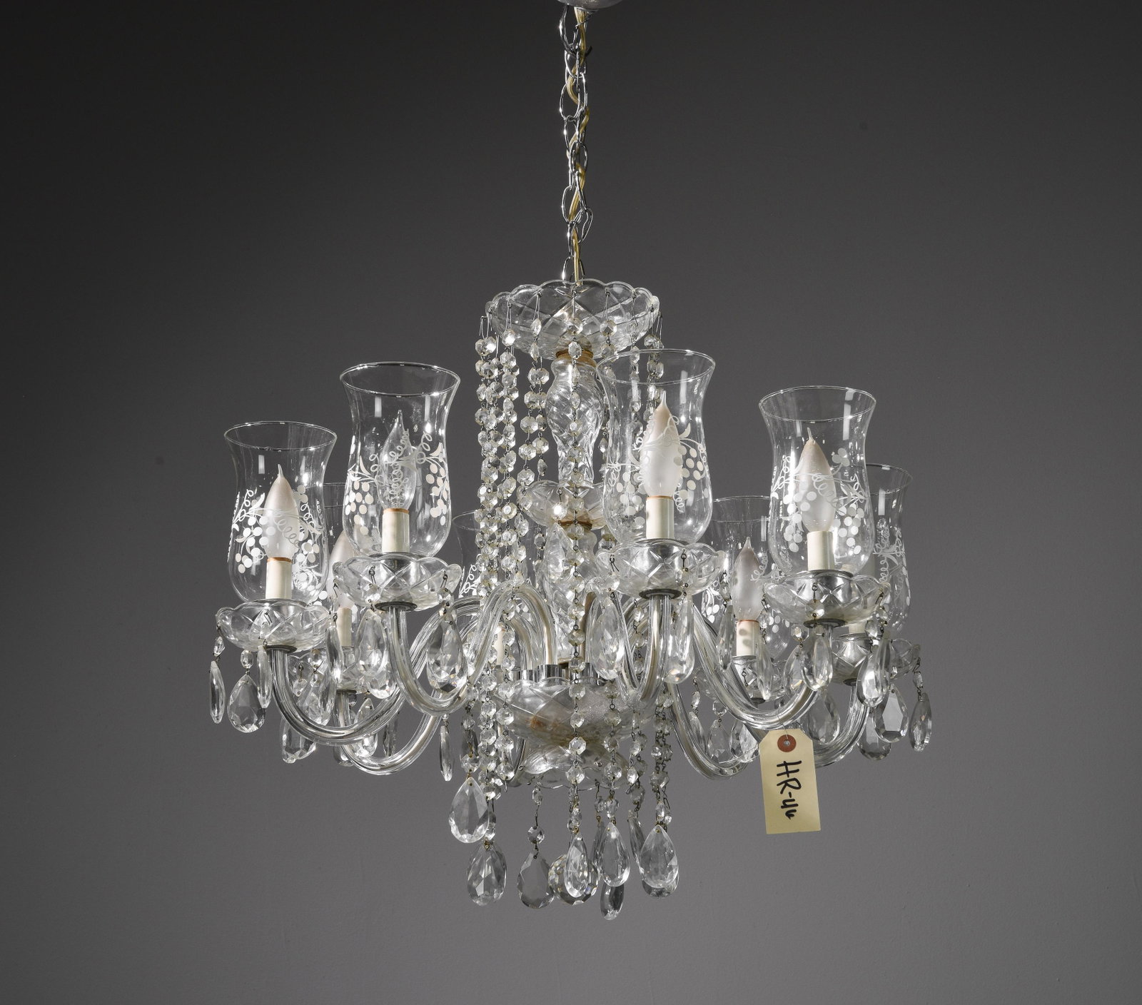 French Style Cut Glass Chandelier with Etched Shades: French Style Cut Glass Chandelier with Etched Shades - 20 in tall x 23 inch diameter