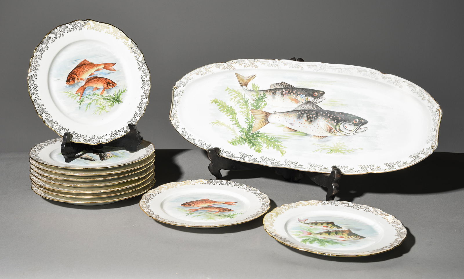11pc French Porcelain Fish Set - Platter & 10 Plates (1 of 5)