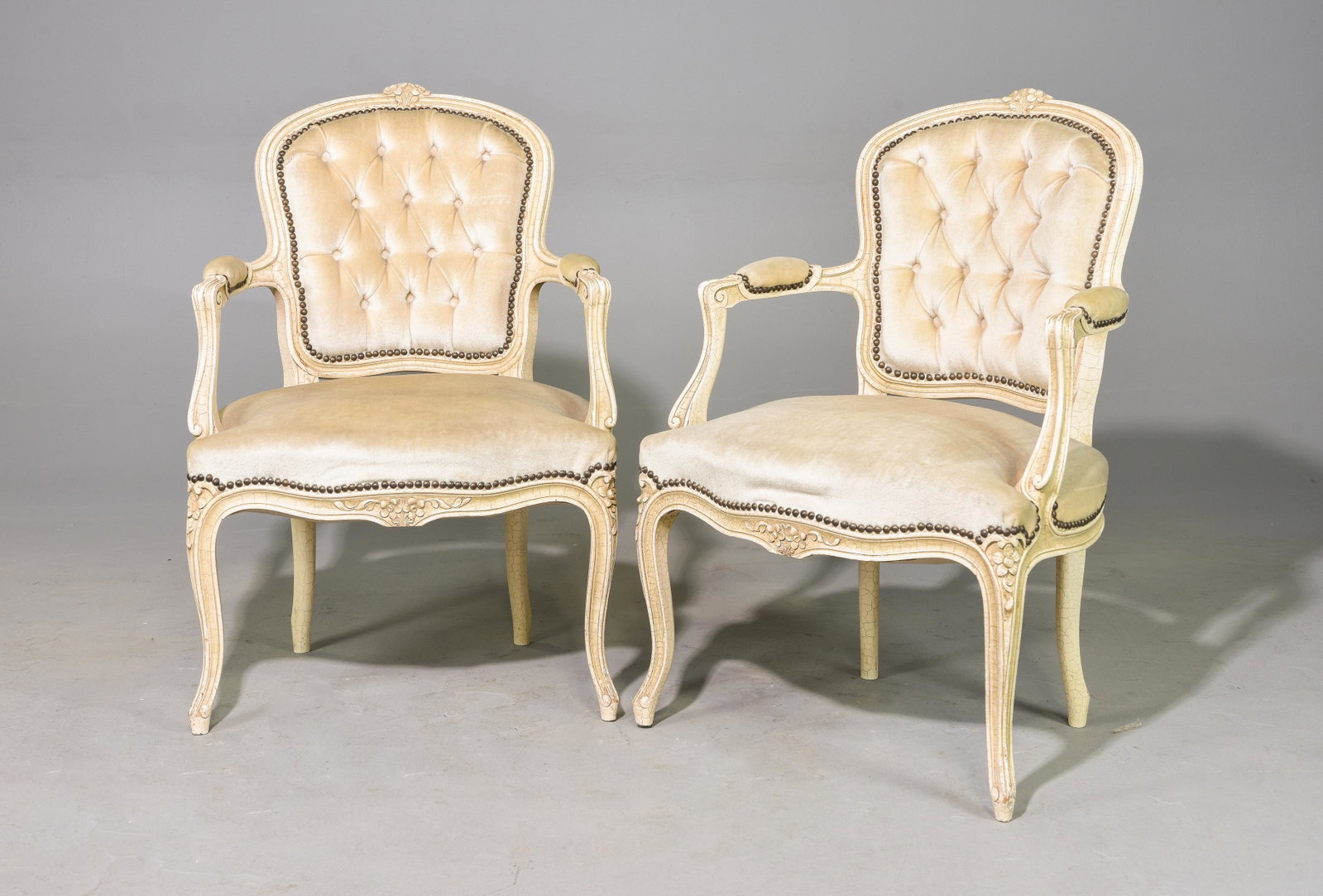 2 Louis XV Style Painted Arm Chairs: 2 French Louis XV Style Painted Arm Chairs - 34 in tall x 22.5 x 22