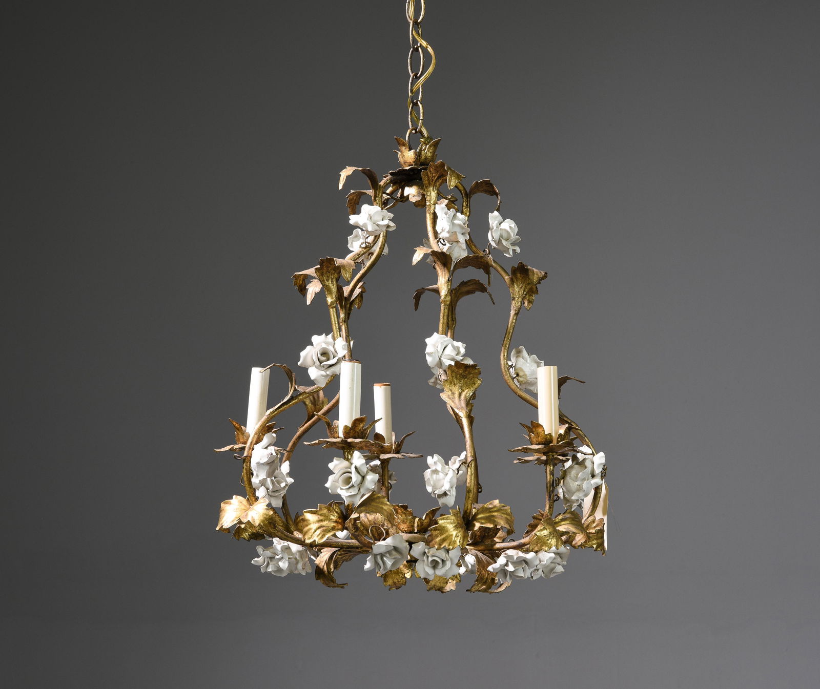 Italian Style Gilded Metal / Tole Chanedlier with Roses (1 of 2)