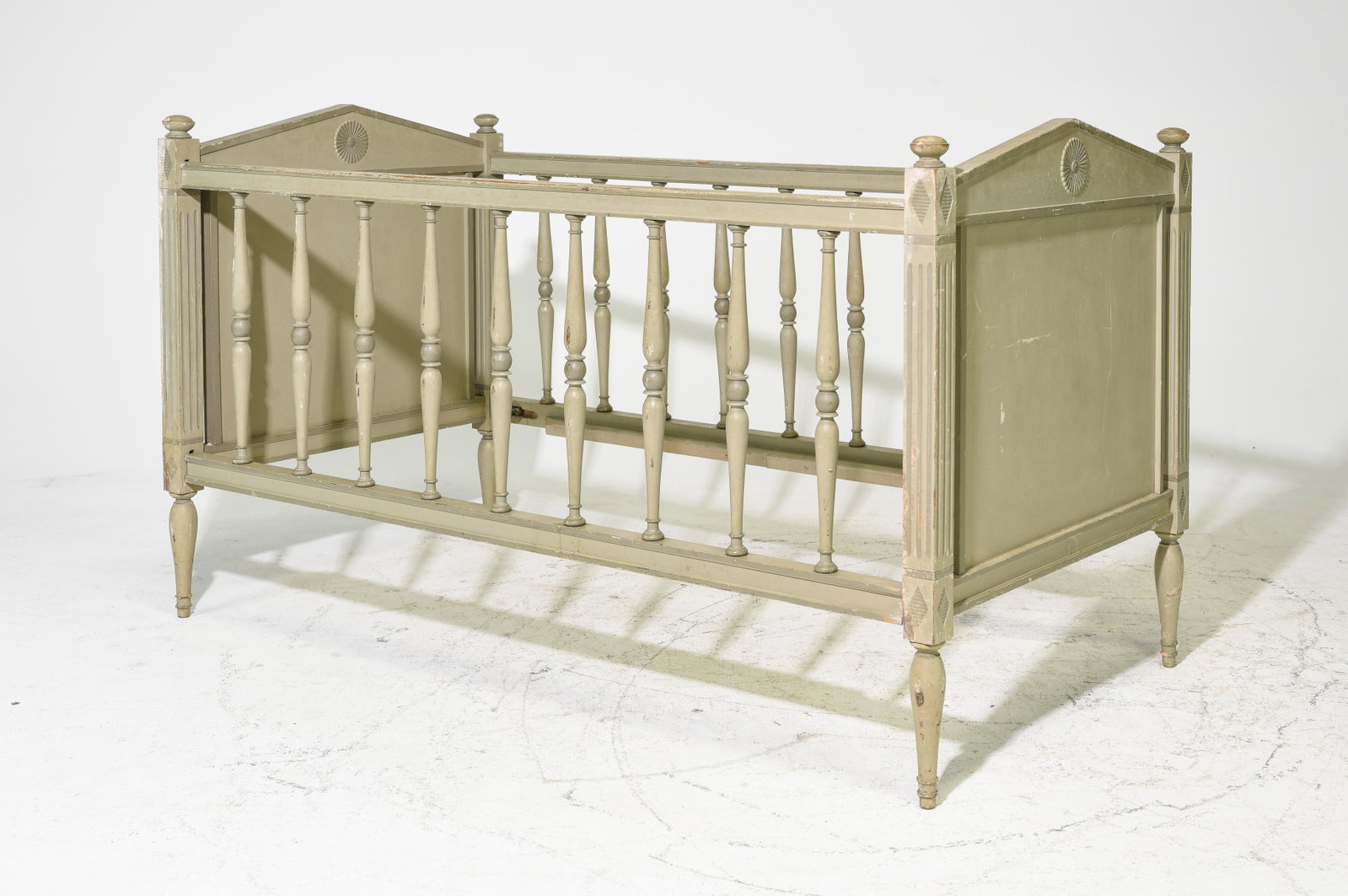 French Painted Bed: French Painted Bed - Head / Footboards are 37 in tall x 32 x 2 each, Rails are 60 inches long each - This bed is a European Size which can easily be converted to an American size by removing the rails