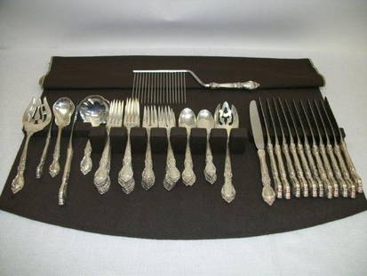 57 Pc Eloquence Sterling Flatware Set: By Lunt, Service for 12+, Includes Twelve 4-Piece Plate Settings, including 13 Dinner Forks, 12 Salad/Dessert Forks, 12 Dinner Knives and 12 Teaspoons, together with 7 Serving Pieces: Pierced Serving