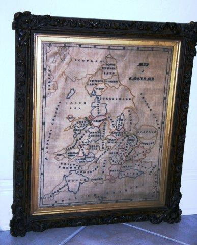 1859 Sampler/Map of English Counties: A Mid-Victorian British hand-stitched Map of England and Scotland in a stained gesso floral and foliate frame of the period; Frame measures 23 x 19.1 x 1.5 in.; The map image measures 17.5 x 14 in.; T