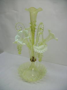 Good 19th C. Vaseline Glass Epergne: A wonderful and Scarce Example of Vaseline Glass; excellent Hand-blown Work, with ruffled edges on all flower holders, including the central vase surrounded by 3 encircling vases & 3 hanging baskets;